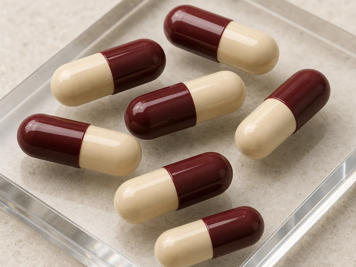 Cápsulas manipuladas da Inside Pharmacy em bordô e marfim sobre bandeja de acrílico